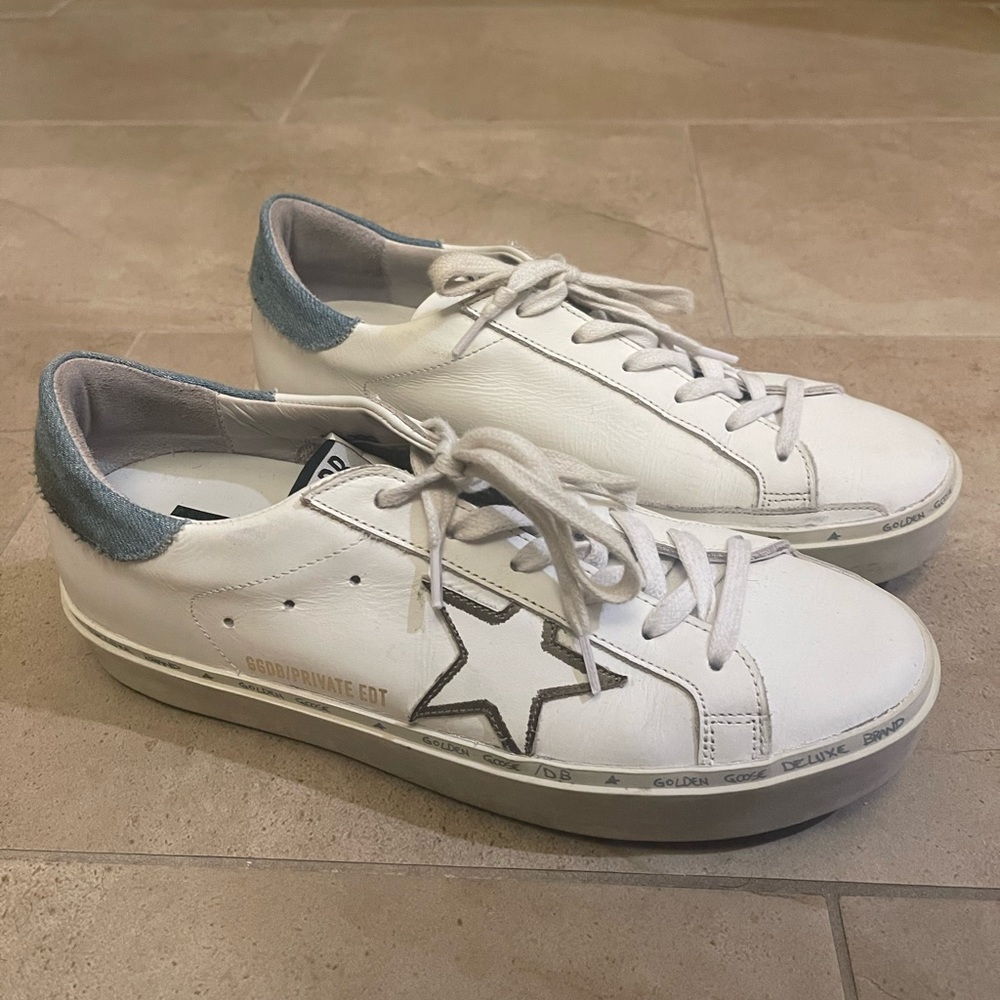 white and denim golden gooses